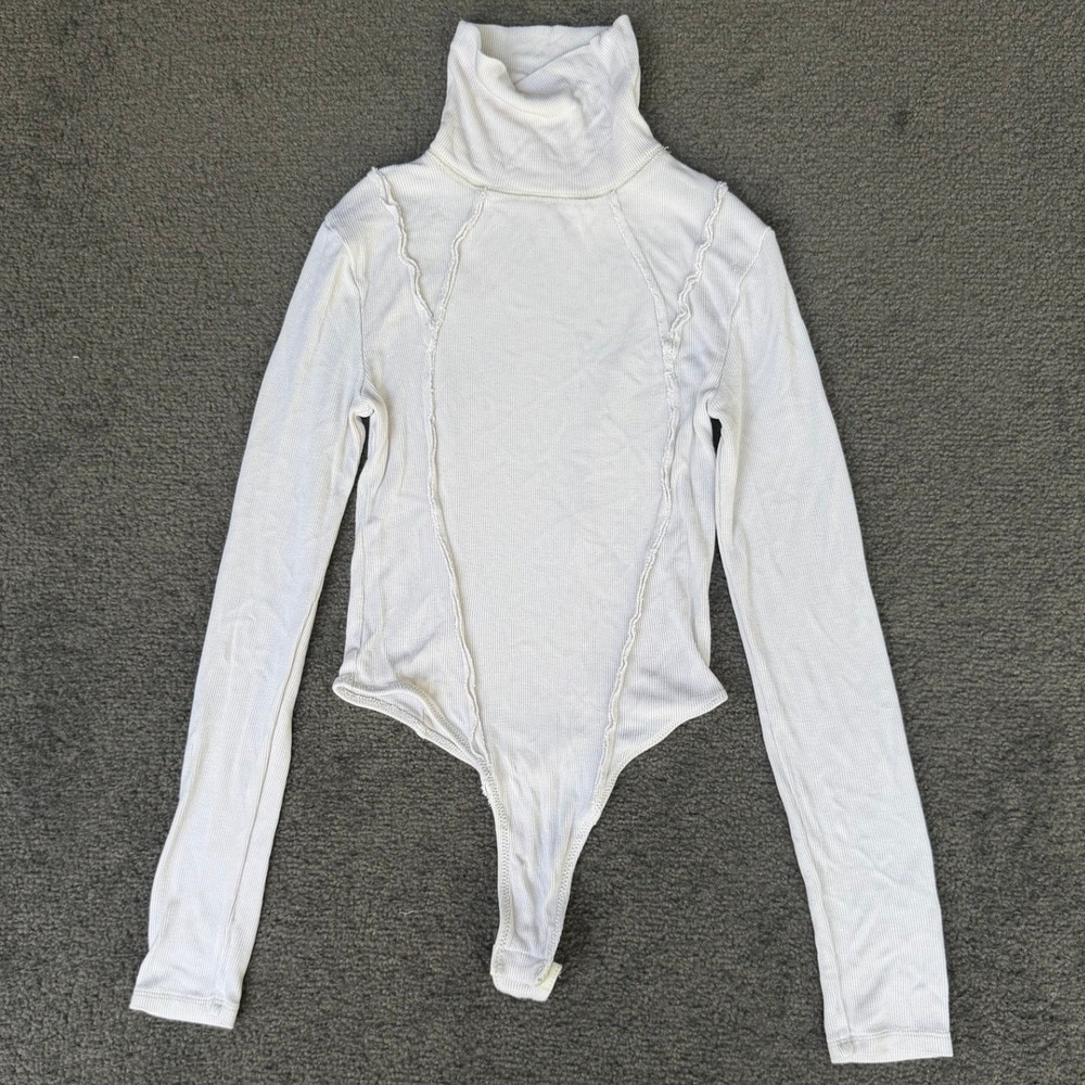 Out From Under Ivory Ribbed Turtleneck Bodysuit Exposed Seams XS